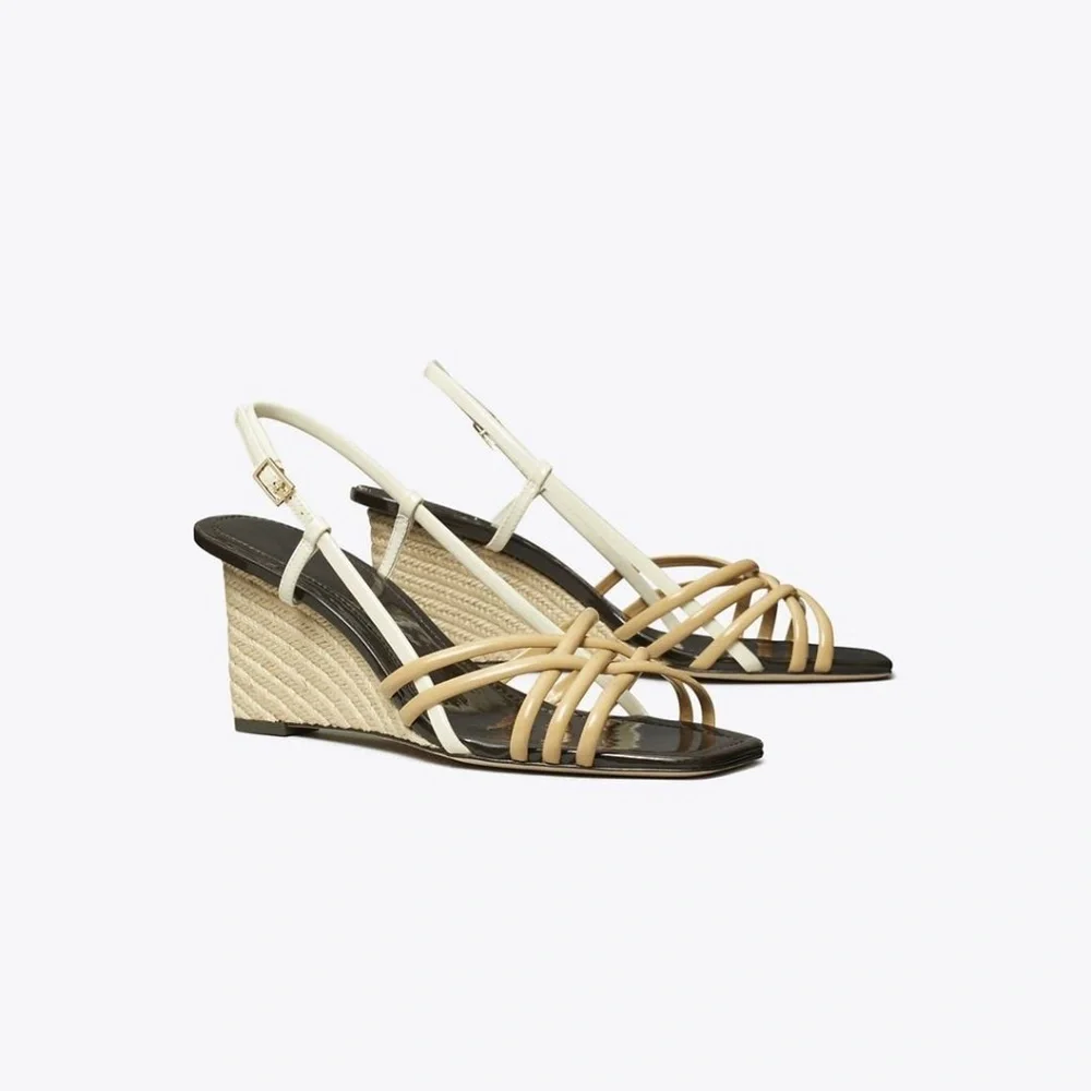Tory Burch Multi-Strap Esppadrille Wedge Sandals Cantucci-Light Cream Size 9